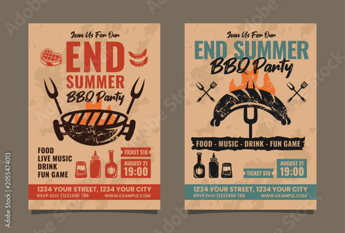 Set of End summer BBQ party flyer or poster editable template design