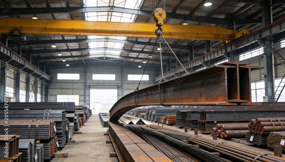 Fototapeta premium A large industrial warehouse with steel beams and metal rods. A crane is lifting a curved steel beam. The interior is spacious and well-lit.