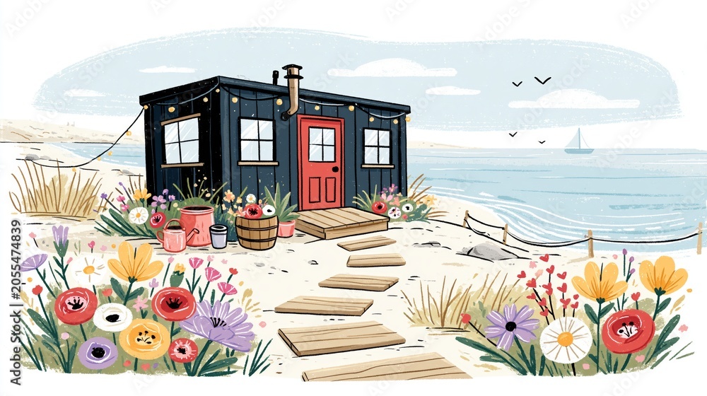 Naklejka premium Cute cartoon dark blue container house surrounded by colorful wildflowers and blossoms, featuring a cheerful garden setting, vibrant nature, and whimsical eco-friendly home design.