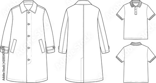 Fotografie Fashion technical sketch of mens long trench coat and polo shirt with front and back views for apparel design in image_1cfe7a