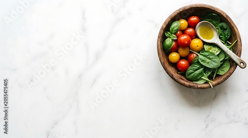 Fresh Cherry Tomato and Spinach Salad with Olive Oil on Marble Surface
