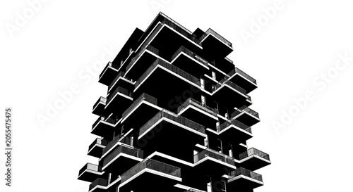 Schilderij op canvas Modern architectural tower with staggered cantilevered balconies in high contrast black and white style