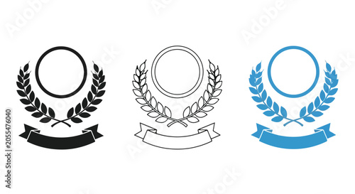 Set of laurel wreath award logos with ribbons in black, gray, and blue colors for winner and champion labels