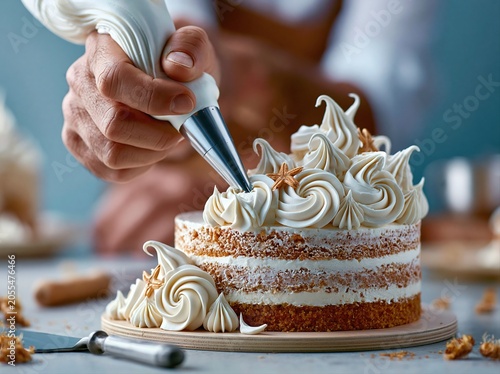 Baker decorates a cake with icing in a kitchen during the day