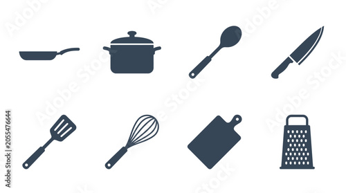 Quadro su tela Collection of kitchen utensils including frying pan, pot, spoon, knife, and more