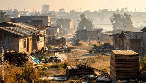 Dusty Shantytown Alley With Damaged Homes and Scattered Waste at Sunrise