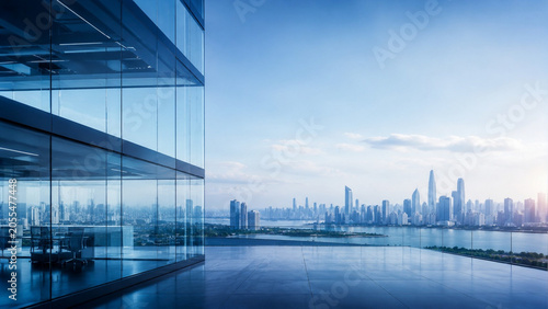 Modern Glass Office Building with Panoramic City Skyline and Business District View.