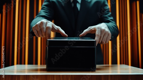 Mysterious box unveiled business meeting image capture urban office close-up focus on mystery