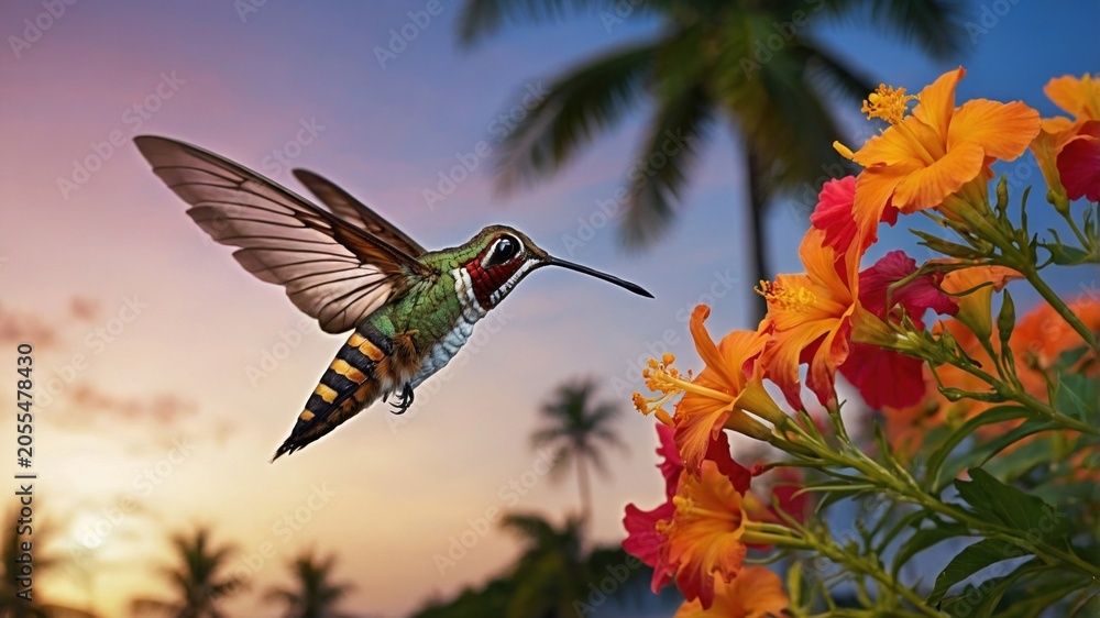 Obraz premium Colorful hummingbird hovering near vibrant orange flowers at sunset with palm trees in the background