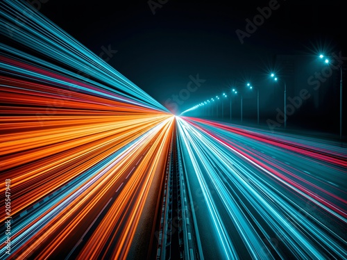 Bright lights shine on a busy road at night with streams of red and blue from moving vehicles