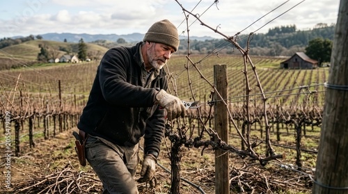 Vineyard rows with dormant grapevines in a picturesque agricultural landscape