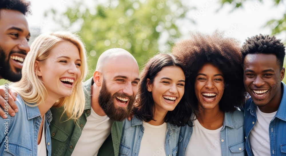 Obraz premium Diverse Group of Happy Multiethnic Friends Laughing Together Outdoors in a Park on a Sunny Day