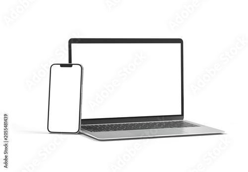 Obraz na płótnie Modern laptop and smartphone on clean white background with blank screens for mockup and app UX user experience
