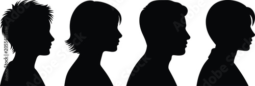 Male and Female Profile Silhouette Collection Featuring Human Head Side Views, Avatar Portrait Characters, and Vector Illustration Set