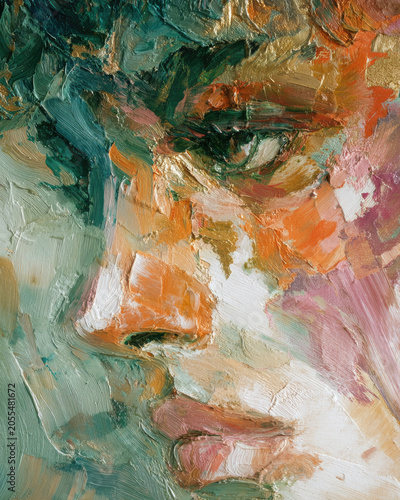 Textured fine art painting of a serene angel using warm orange, green, and clay-inspired hues.