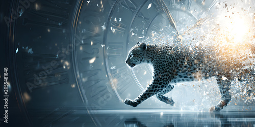 Abstract Cheetah Dispersion: A cheetah mid-stride dissolves into a flurry of digital particles, set against a backdrop of an abstract, clock-like structure.