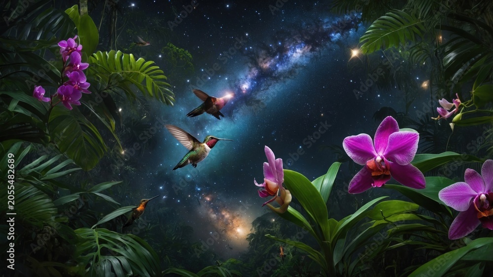 Obraz premium Vibrant tropical scene with hummingbirds and orchids under a starry galaxy backdrop, evoking tranquility