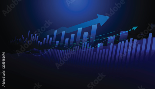 Financial market growth chart with rising arrow and economy glowing business graph on dark blue background concept of investment success.