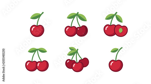 Set of Six Flat Design Cherries with Leaves on Transparent Background