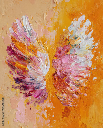 Warm and luminous angel wings illustration combining textured paint application with a sophisticated natural palette.