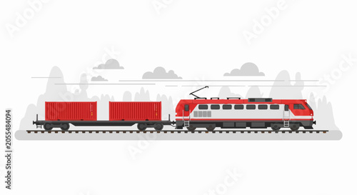 Modern Freight Train with Locomotive and Shipping Containers on Flatbed Rail Car, Flat Vector Illustration for Logistics and Global Trade Concepts