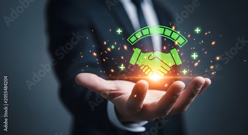 Businessman holding a glowing green handshake icon, symbolizing successful partnership, trust, and digital business growth and innovation in a modern corporate environment.