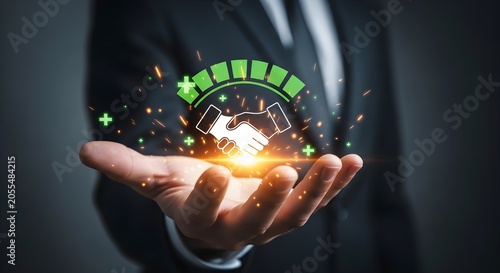 Businessman's hand holding a glowing digital handshake icon with a green satisfaction meter, representing successful business partnerships, agreement, and excellent customer service.