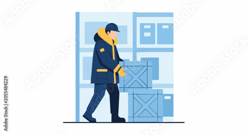 Cold Storage Logistics Worker in Winter Parka Carrying Boxes in Warehouse Flat Vector Illustration