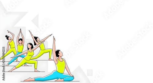 Group of diverse individuals performing various yoga poses in a vibrant vector illustration, emphasizing fitness, mindfulness, and healthy lifestyle.