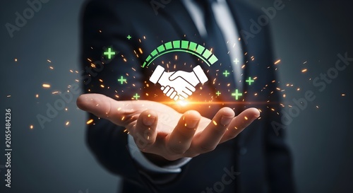 Businessman holding a glowing digital handshake icon symbolizing successful partnership, customer satisfaction, and business growth in a modern corporate environment.