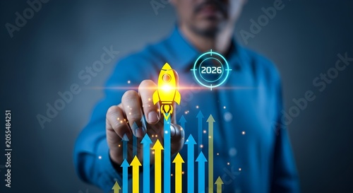 Businessman launching a rocket from a growing chart, symbolizing business growth, future success, strategic planning, and achieving goals for 2026.