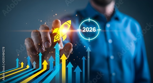 Businessman launching a rocket icon towards a 2026 target, symbolizing business growth, future success, innovation, and strategic planning.