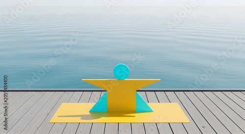 Abstract figure meditating on a yoga mat on a wooden pier with calm water and fog in the background