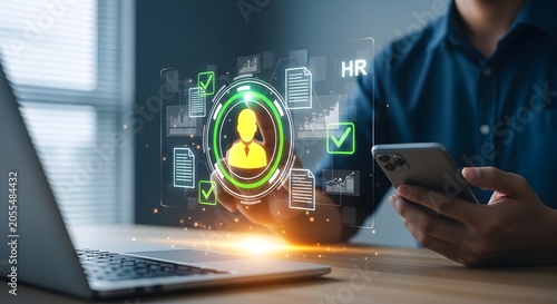 Human Resources digital interface with icons for recruitment, onboarding, and talent management on a modern desk.