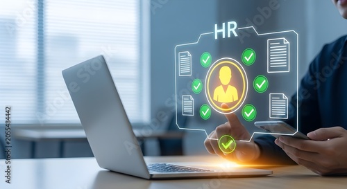 Human Resources digital interface showing employee profile with verified status and documents, business concept
