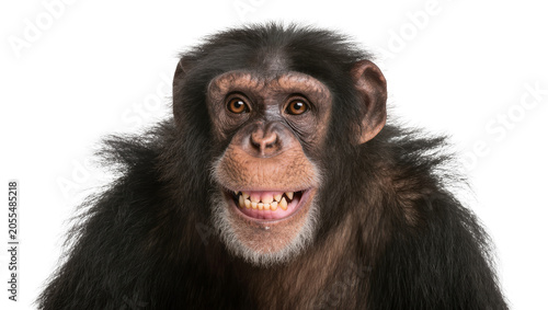 Photography Isolated close-up portrait of a happy chimpanzee smiling with teeth showing, loo