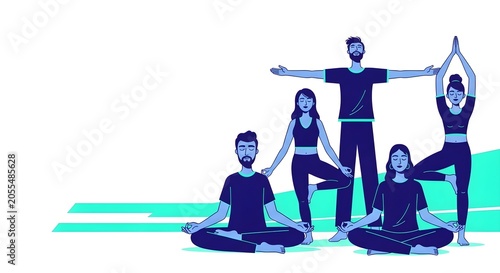 Diverse group of people practicing yoga together in a studio, promoting wellness and healthy lifestyle