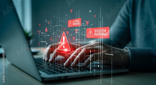 Cybersecurity concept, person typing on laptop with digital warning signs and data streams overlay