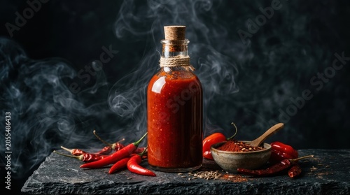 Glass bottle filled with chili sauce or ketchup, surrounded by red hot chili peppers on a dark black background with atmospheric smoke. Dramatic food concept mockup inspired by Mexican paprika spice.