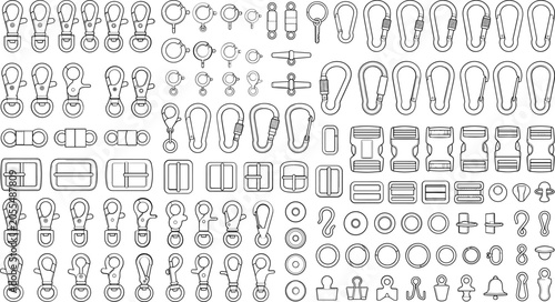 Tableau sur toile Carabiner clips and plastic buckles outline vector icon set, bag strap accessori
