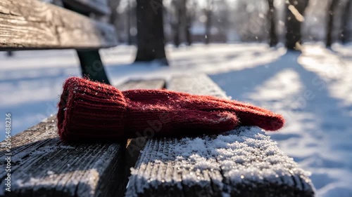 Single red knitted glove lying on a frosted wooden bench in a snowy park