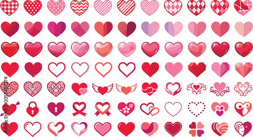 Red and pink hearts vector element set, romantic valentines day love symbols flat illustration collection
