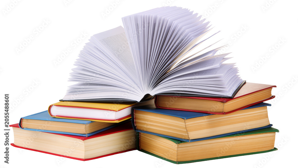 Fototapeta premium Isolated stack of vibrant multicolored books with an open book on top showing fanned pages.
