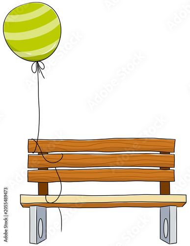 A brown bench with green balloons.