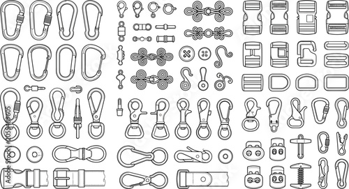 Foto Carabiner clips and plastic buckles outline vector icon set, bag strap accessori
