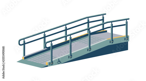 Metal wheelchair ramp with railings.