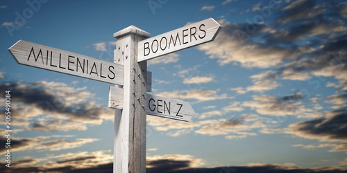 Millenials, Boomers, Gen Z - Wooden Signpost with Three Arrows - 3D illustration