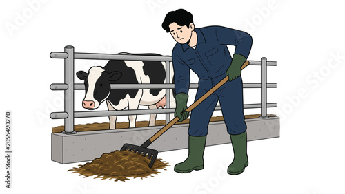 Canvastavla Tired Farm Worker Raking Manure with Cow