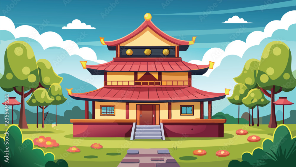 Fototapeta premium Vector illustration of a Chinese pagoda surrounded by lush countryside scenery
