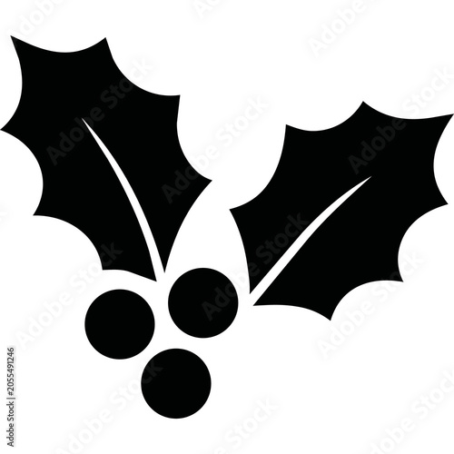 Black holly leaves and berries Christmas icon